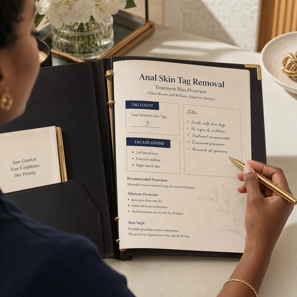 A Anal Skin Tag Removal treatment plan written by hand on a leather portfolio at the Oshun clinic in Kingston, Jamaica