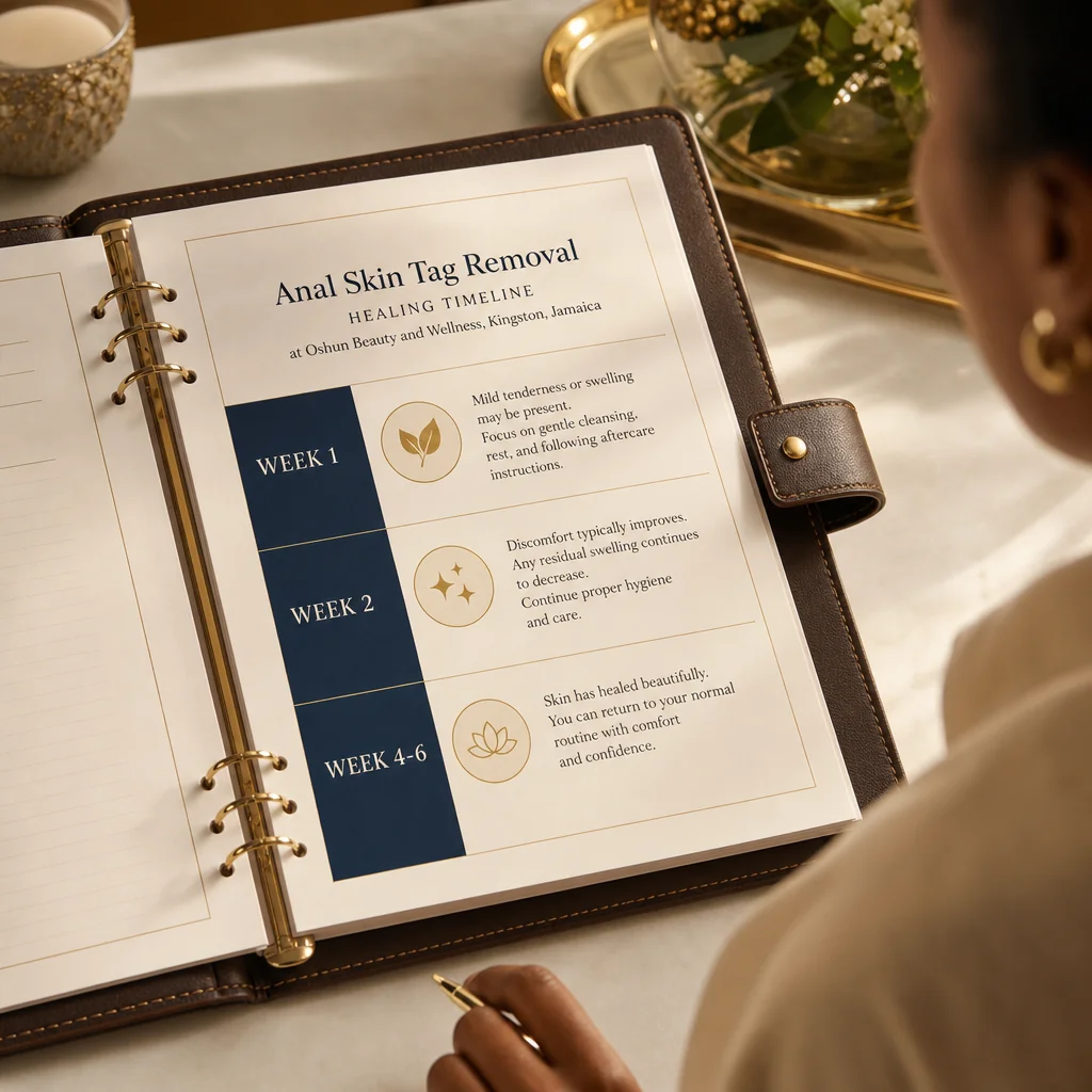 A leather-bound planner tracking the Anal Skin Tag Removal recovery and follow-up schedule at Oshun in Kingston, Jamaica