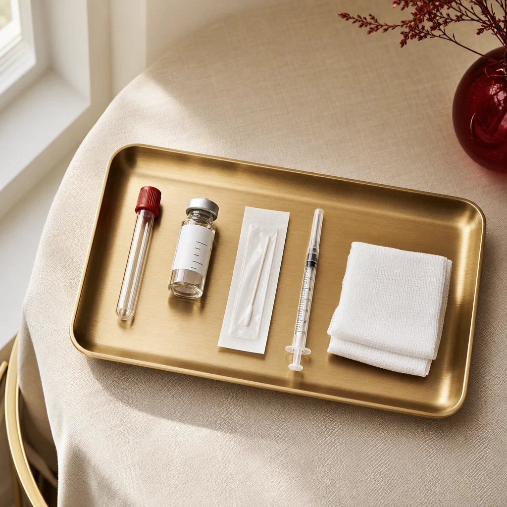 An overhead view of a brushed-gold clinical tray at Oshun with a blood-draw tube, a sterile PRP vial, swab packets, and gauze ready for the Clit-Shot session