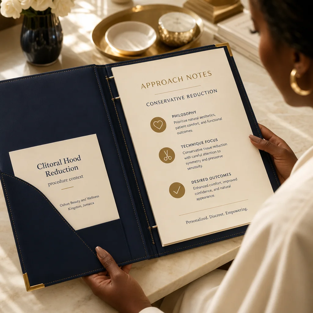 A Clitoral Hood Reduction treatment plan written by hand on a leather portfolio at the Oshun clinic in Kingston, Jamaica