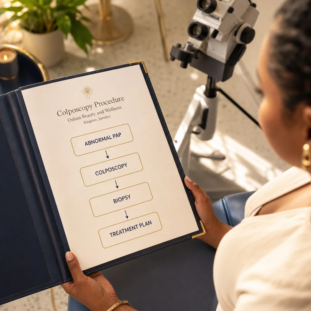 A Colposcopy treatment plan written by hand on a leather portfolio at the Oshun clinic in Kingston, Jamaica