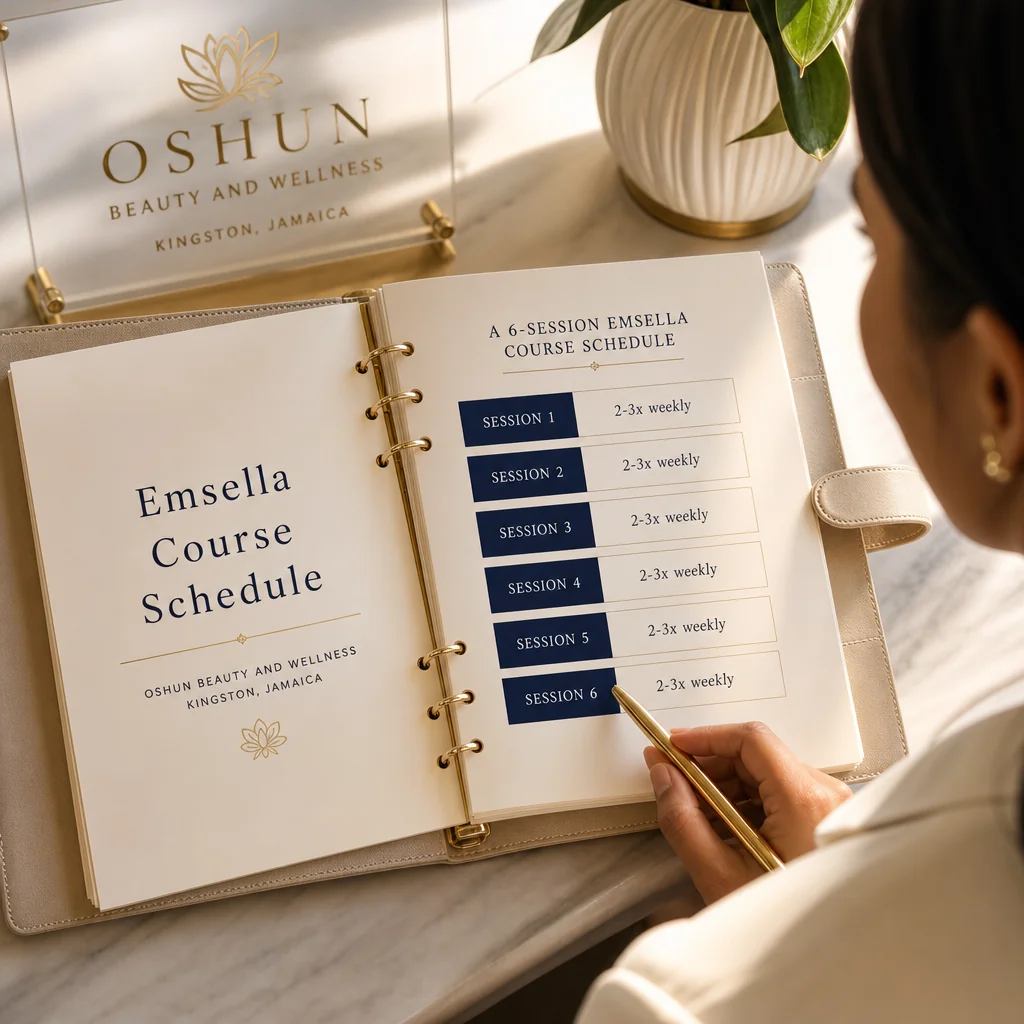 A leather-bound planner tracking the Emsella recovery and follow-up schedule at Oshun in Kingston, Jamaica