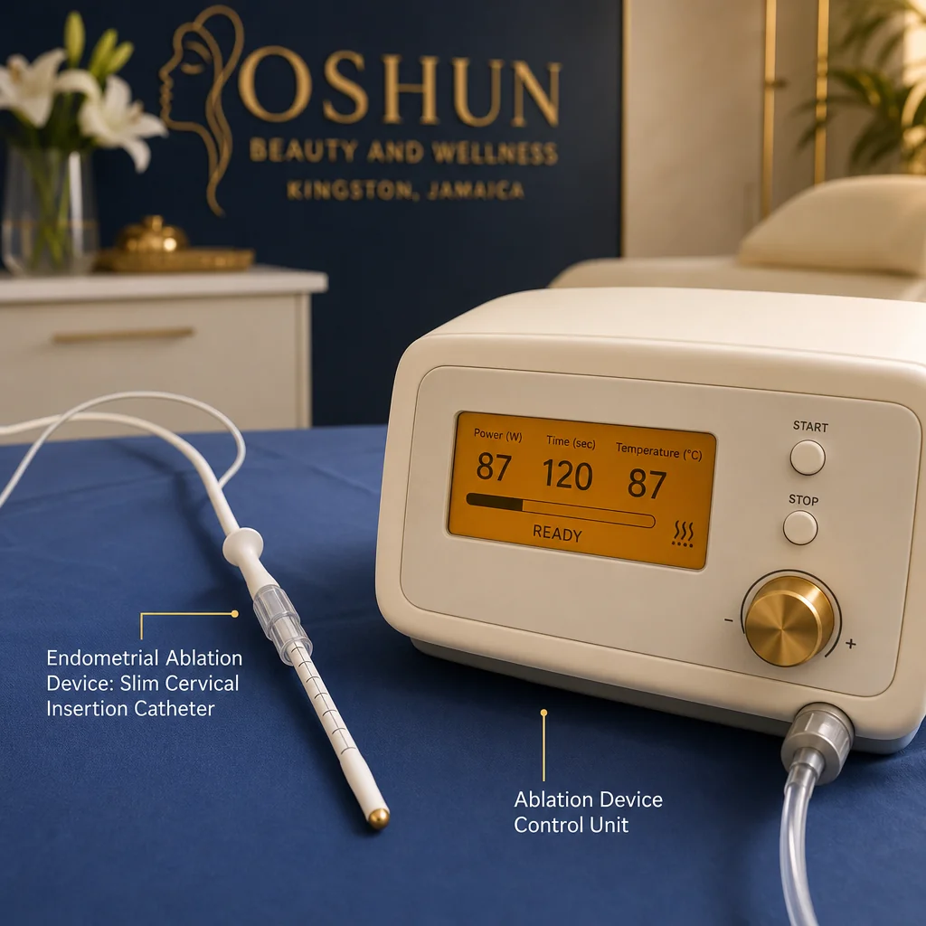 Reference materials and a Endometrial Ablation care plan in a leather portfolio at the Oshun clinic in Kingston, Jamaica