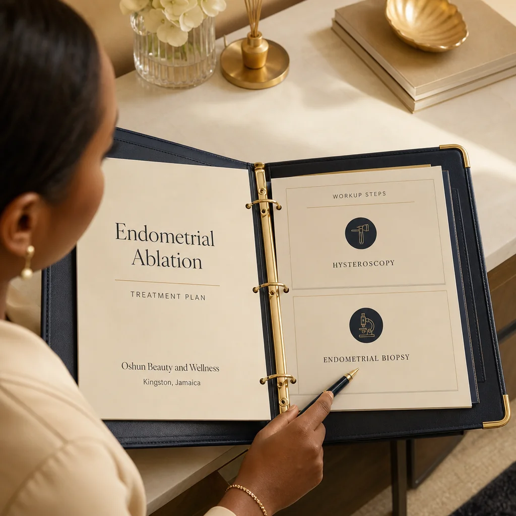 A Endometrial Ablation treatment plan written by hand on a leather portfolio at the Oshun clinic in Kingston, Jamaica