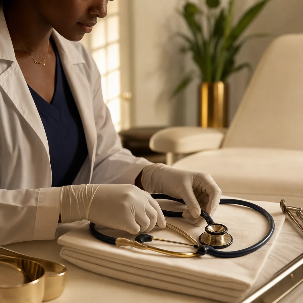 Physician's gloved hands during a Annual Gynaecological Exam appointment at the Oshun clinic in Kingston, Jamaica