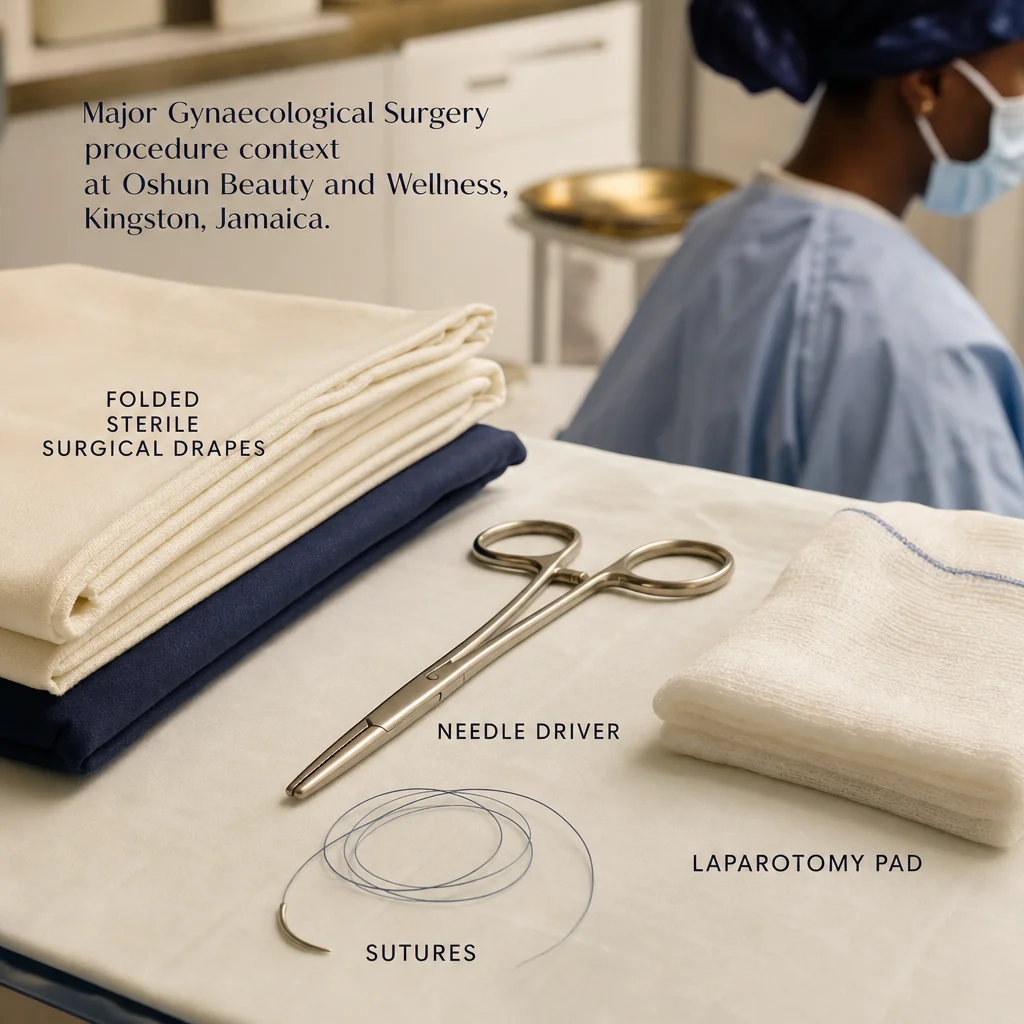 Reference materials and a Major Gynaecological Surgery care plan in a leather portfolio at the Oshun clinic in Kingston, Jamaica