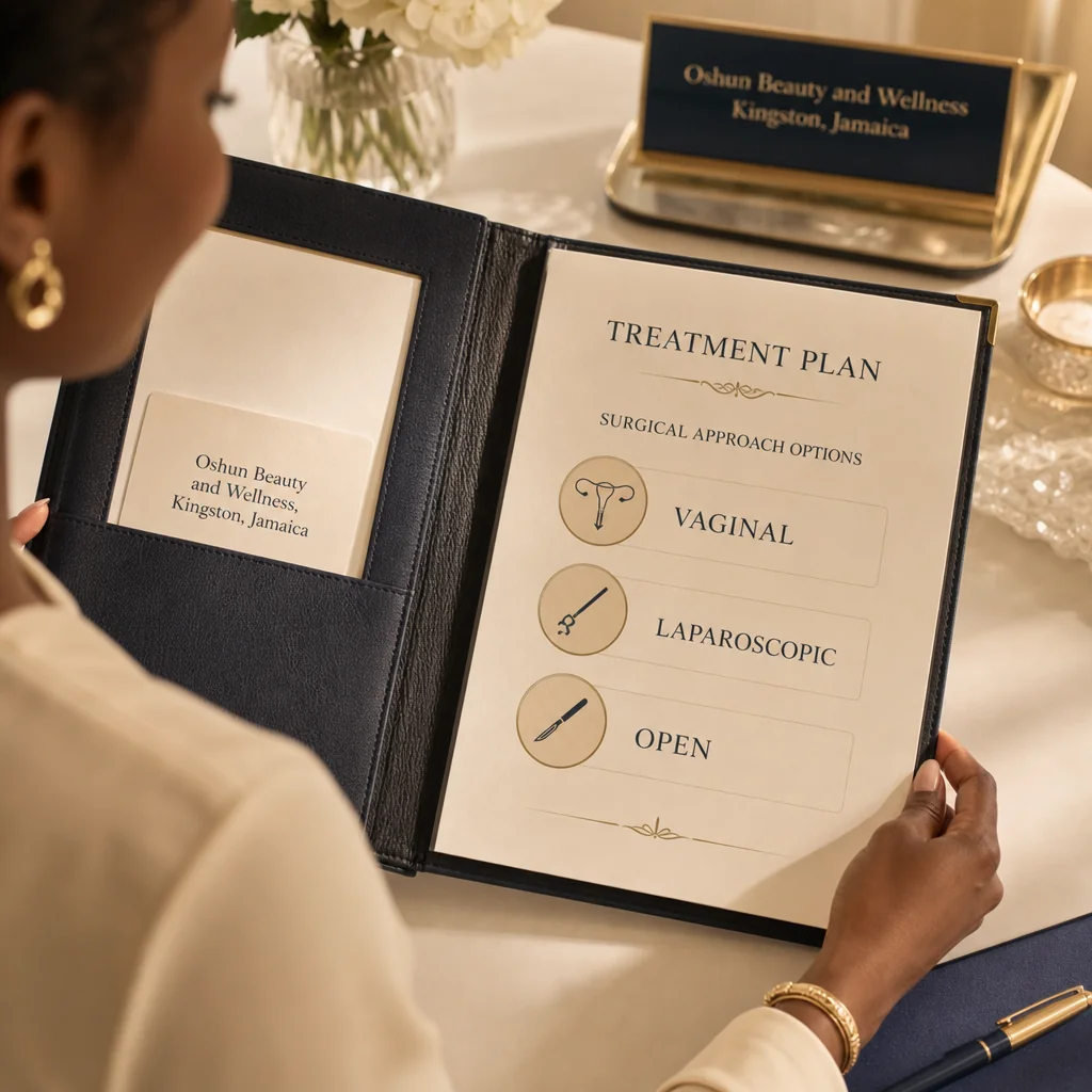 A Hysterectomy treatment plan written by hand on a leather portfolio at the Oshun clinic in Kingston, Jamaica
