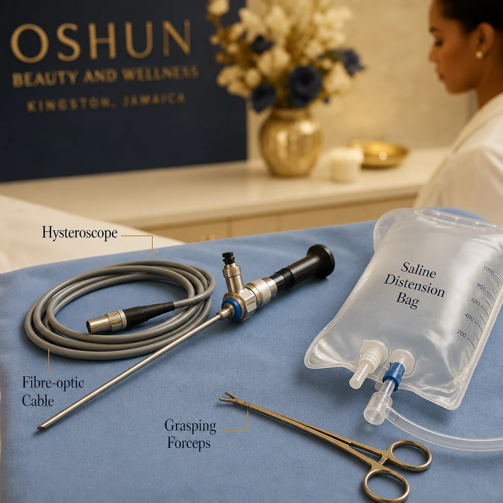 Reference materials and a Hysteroscopy care plan in a leather portfolio at the Oshun clinic in Kingston, Jamaica
