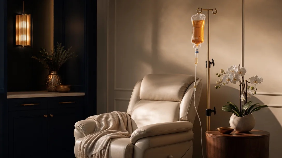 A warm private IV infusion suite at Oshun in Kingston, Jamaica
