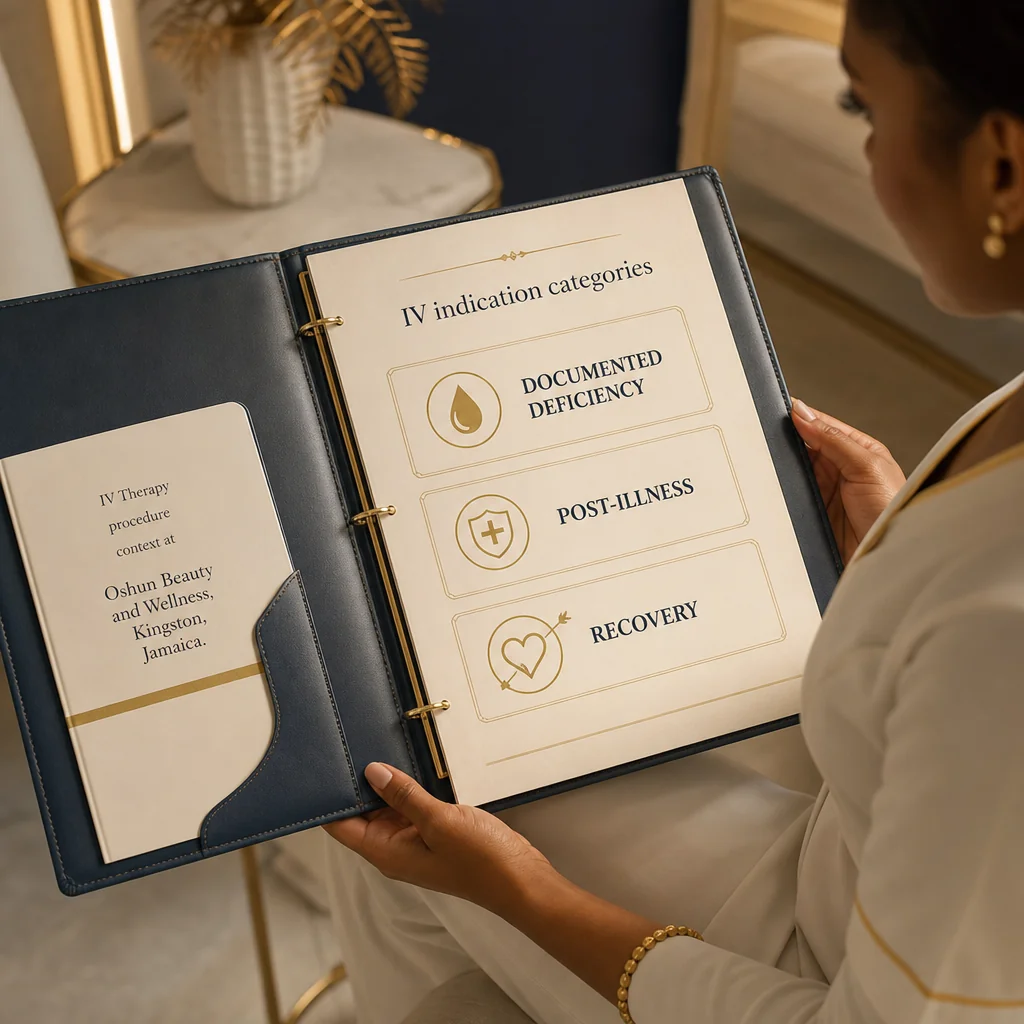 A IV Therapy treatment plan written by hand on a leather portfolio at the Oshun clinic in Kingston, Jamaica
