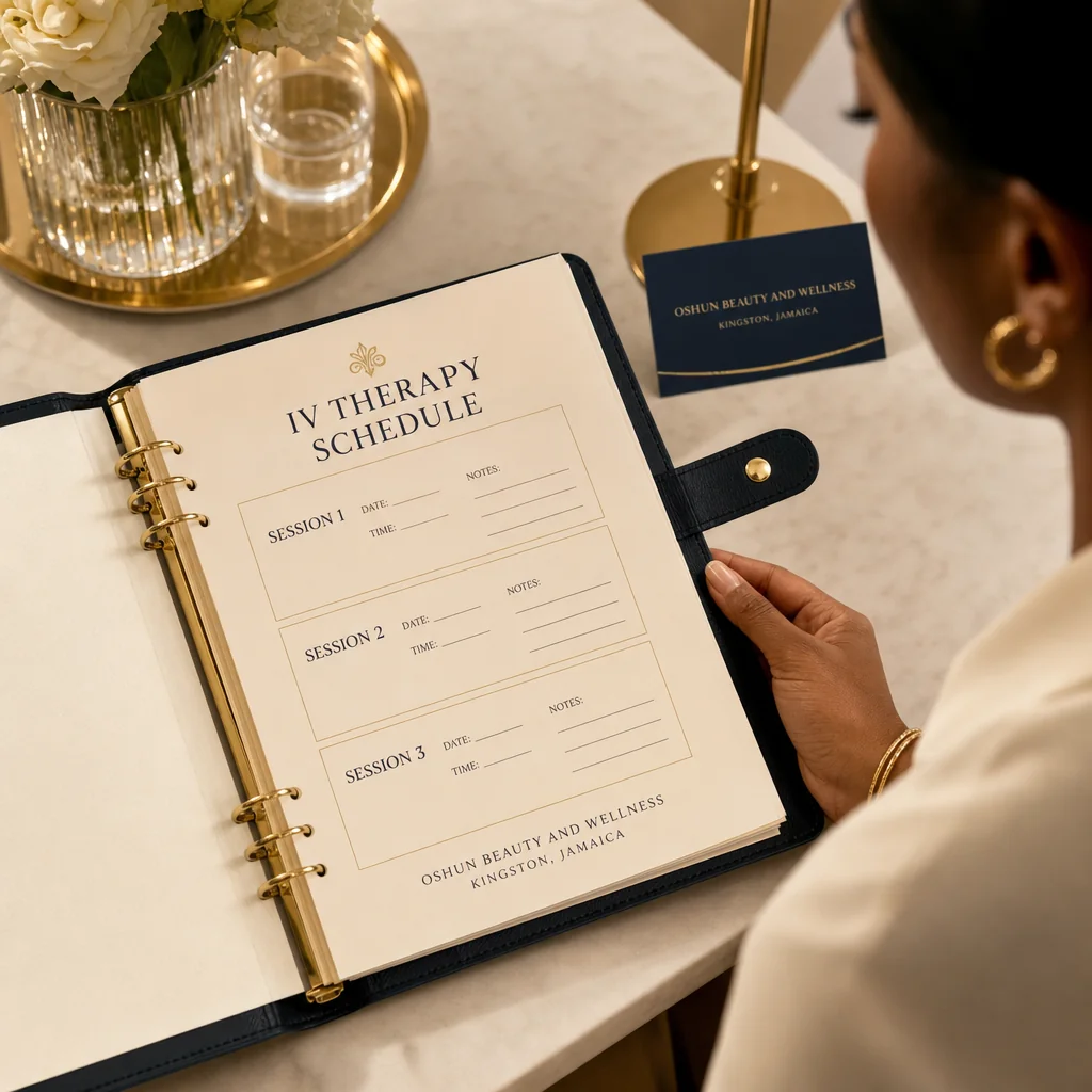 A leather-bound planner tracking the IV Therapy recovery and follow-up schedule at Oshun in Kingston, Jamaica