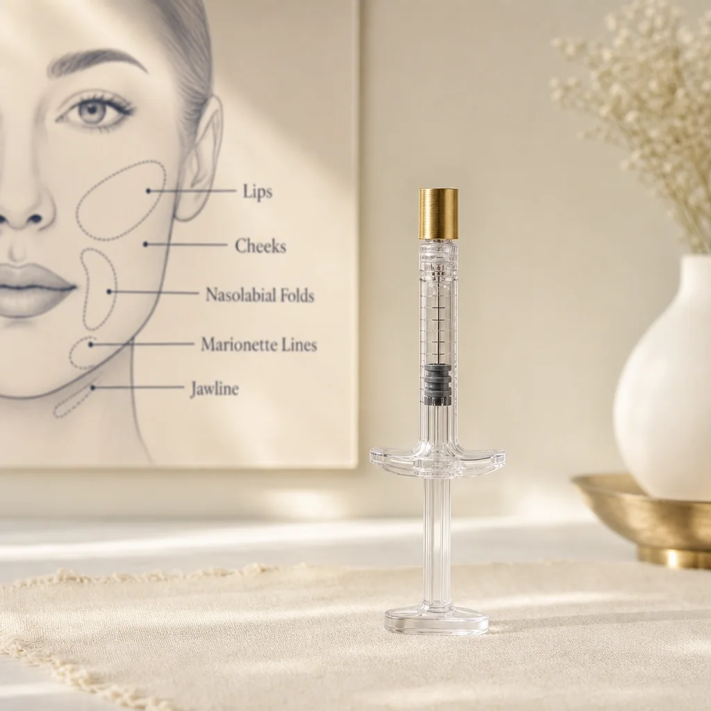 Clear-plastic Juvederm dermal-filler syringe beside a face diagram labeling the five treatment areas at the Oshun clinic in Kingston, Jamaica