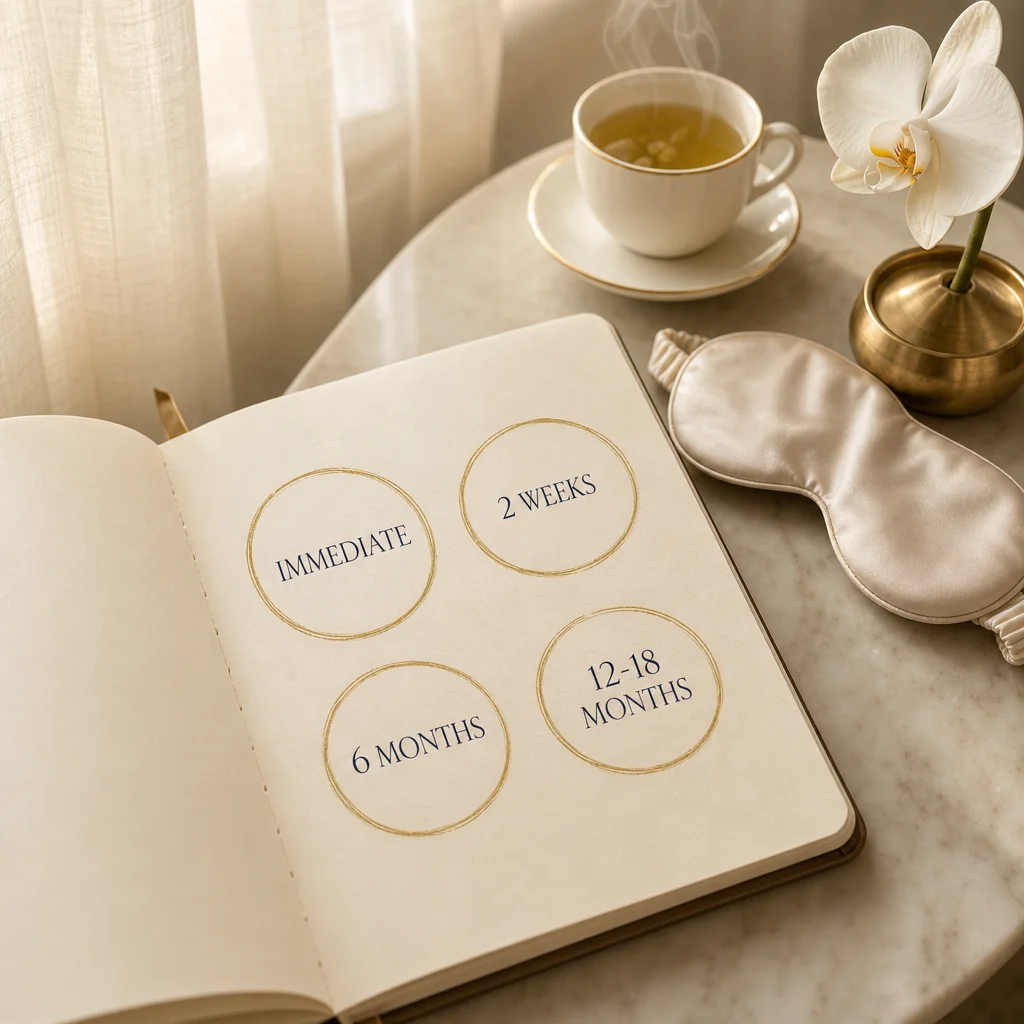 A leather-bound planner open on a cream desk with Immediate, 2 Weeks, 6 Months, and 12-18 Months circled in gold ink, beside herbal tea and a white orchid