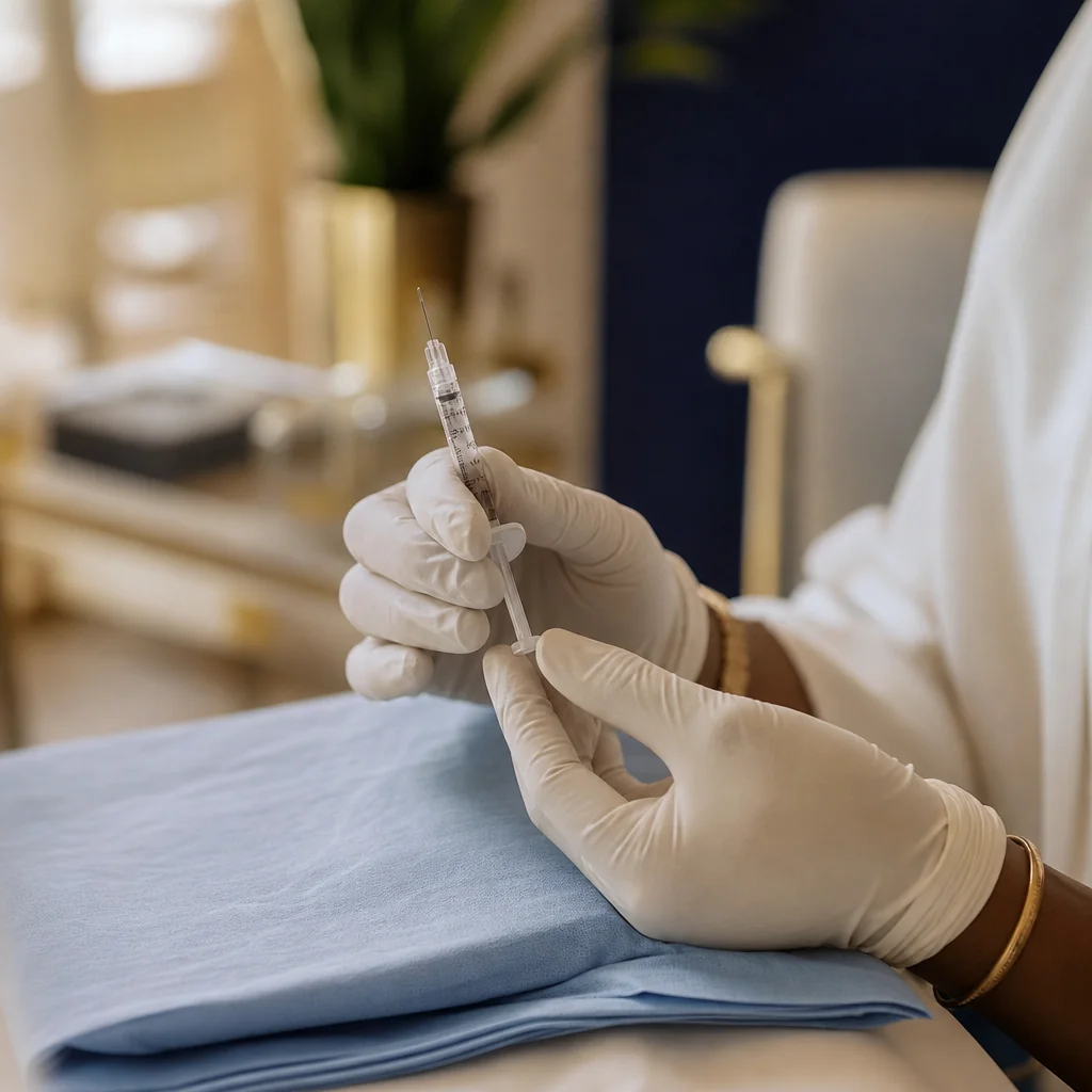 Physician's gloved hands during a Labial Puff appointment at the Oshun clinic in Kingston, Jamaica