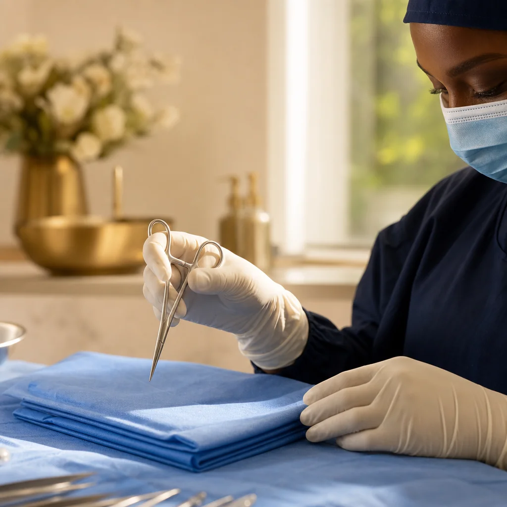 Physician's gloved hands during a Labiaplasty appointment at the Oshun clinic in Kingston, Jamaica