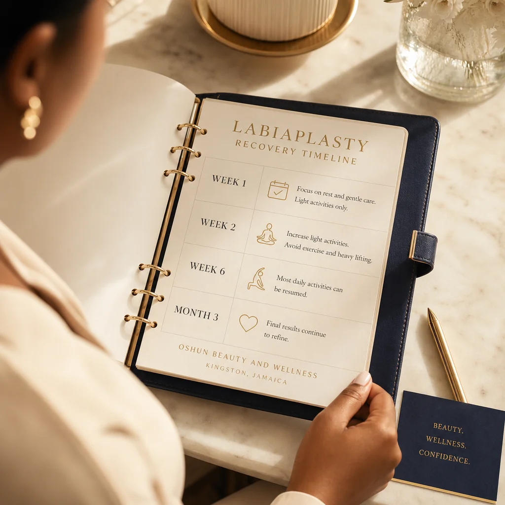 A leather-bound planner tracking the Labiaplasty recovery and follow-up schedule at Oshun in Kingston, Jamaica