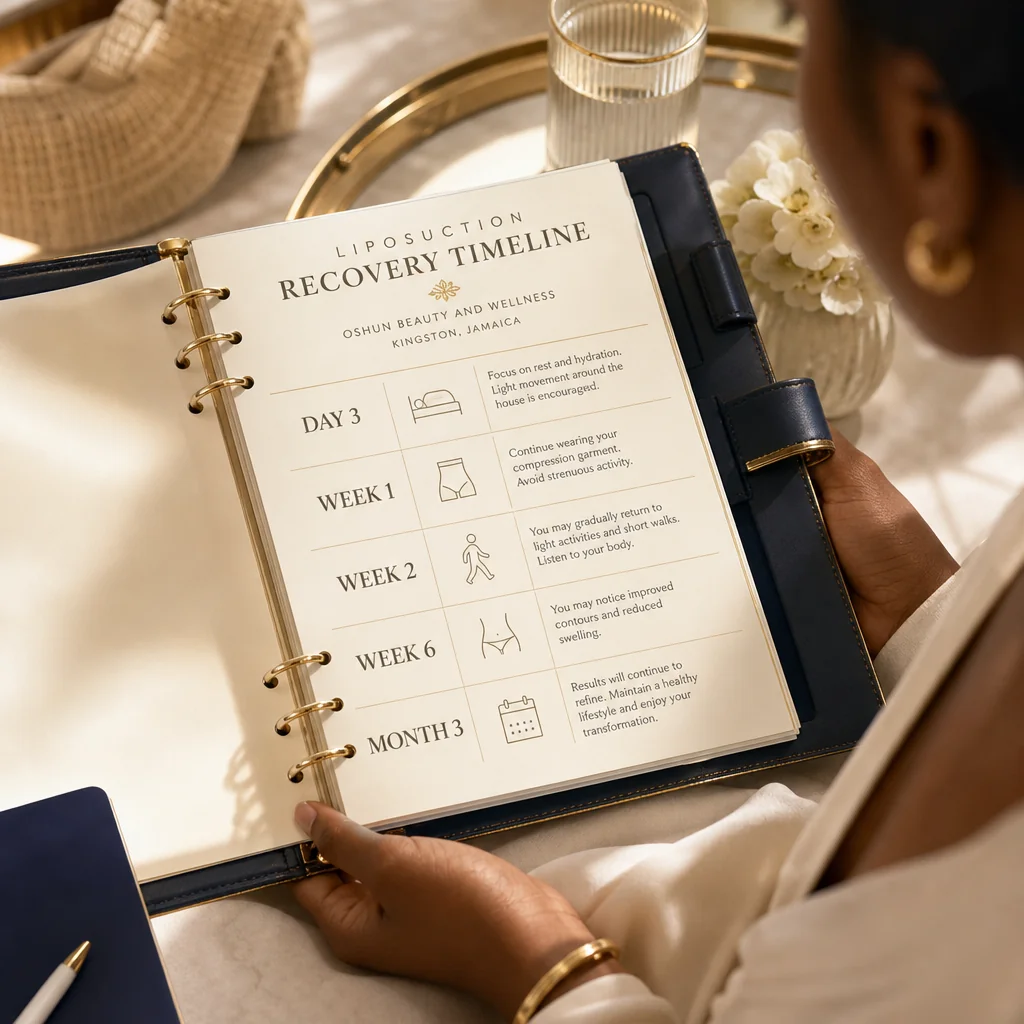 A leather-bound planner tracking the Liposuction recovery and follow-up schedule at Oshun in Kingston, Jamaica