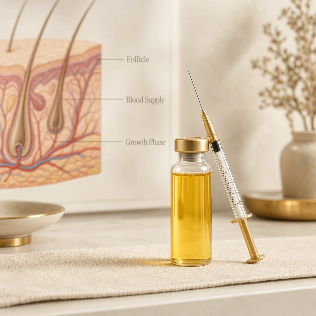 A vial of golden PRP plasma beside a tasteful abstract anatomical reference showing three injection target zones at the Oshun clinic in Kingston, Jamaica