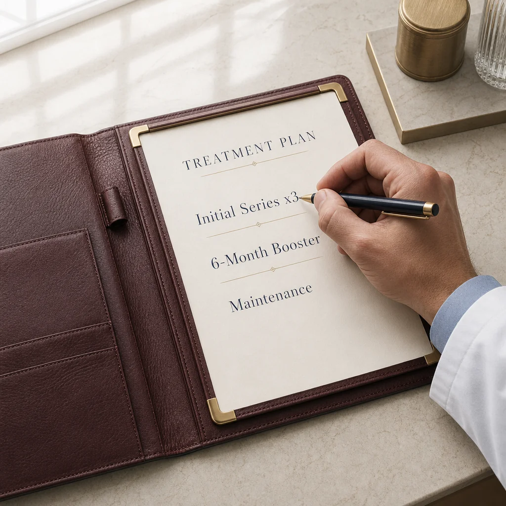 A physician's hand writing a Male Hair Restoration (PRP) treatment plan on a leather portfolio with sections for the session, follow-up check, and reversal plan
