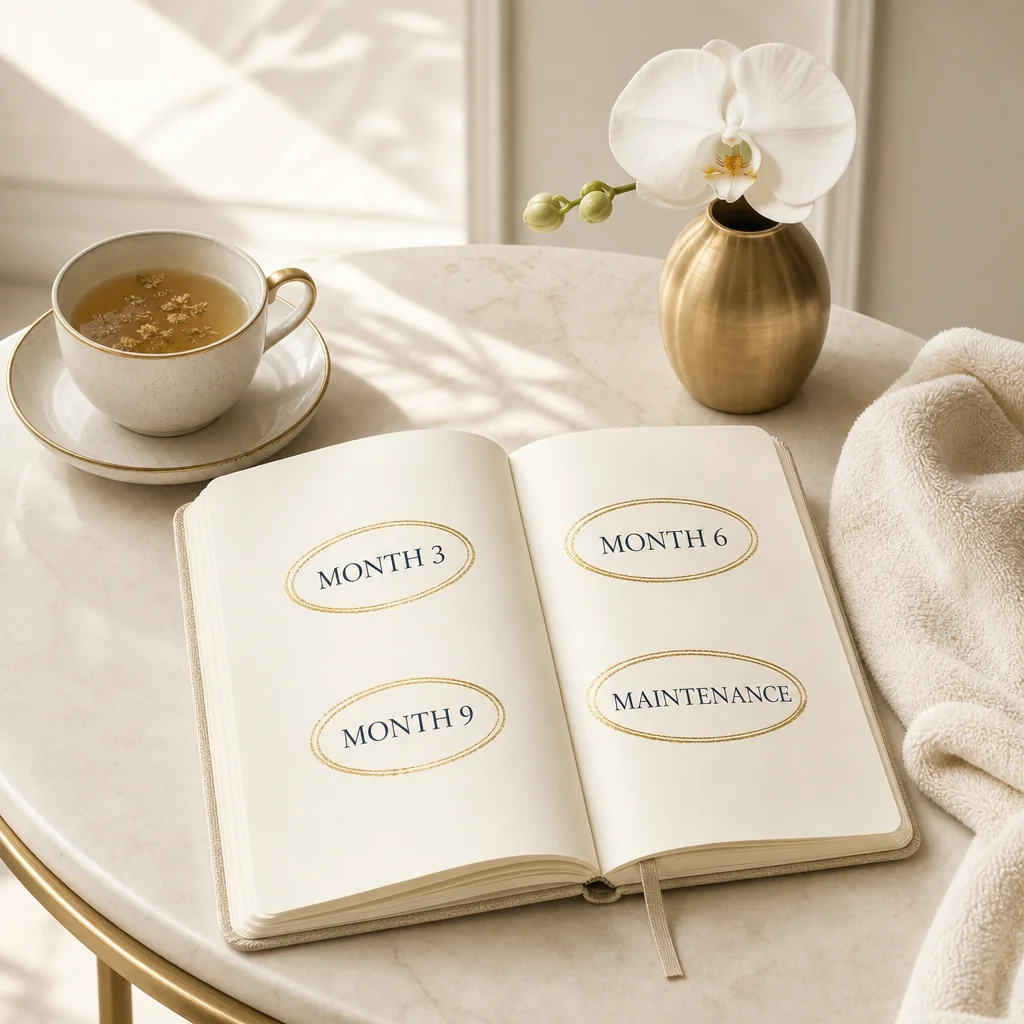 A planner with Week 4, Week 8, Week 12, and 12-18 Months circled in gold ink, beside herbal tea and a white orchid — the Male Hair Restoration (PRP) build-up timeline