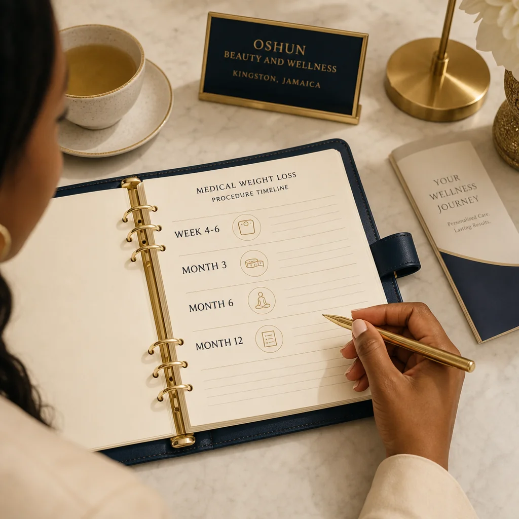 A leather-bound planner tracking the Medical Weight Loss recovery and follow-up schedule at Oshun in Kingston, Jamaica