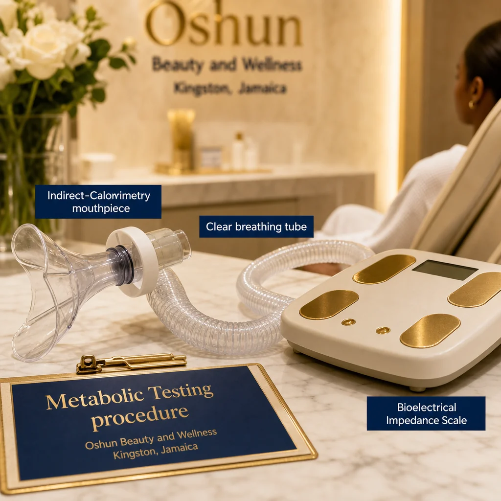Reference materials and a Metabolic Testing care plan in a leather portfolio at the Oshun clinic in Kingston, Jamaica