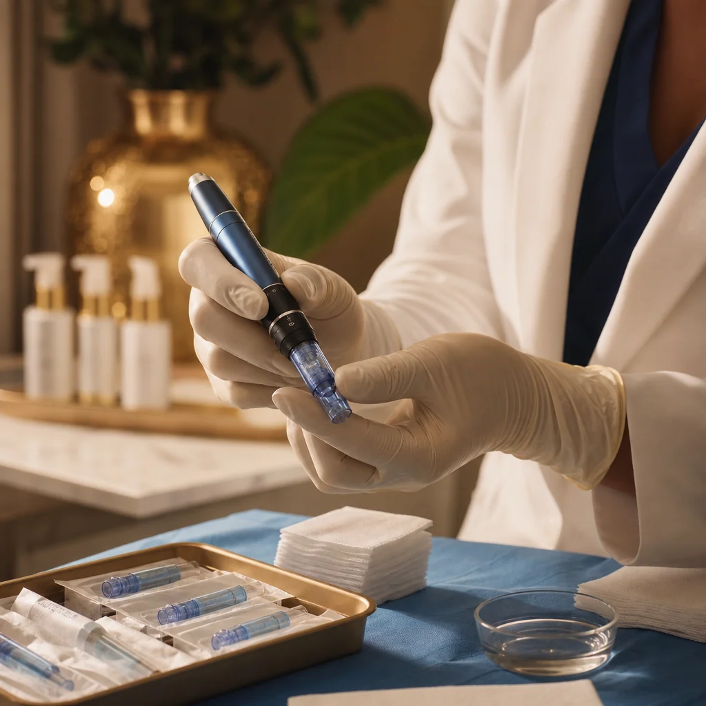 Physician's gloved hands during a Microneedling appointment at the Oshun clinic in Kingston, Jamaica