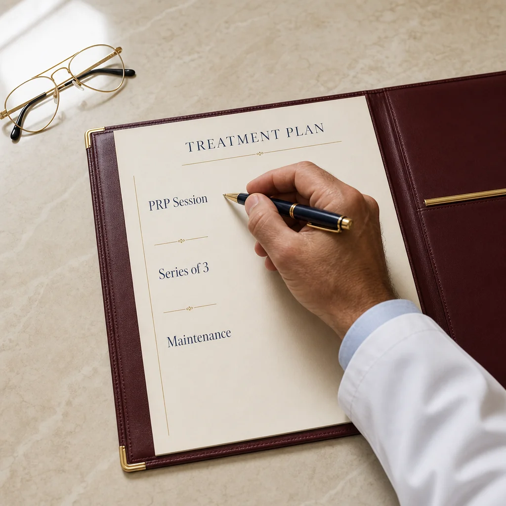 A physician's hand writing a Microneedling with PRP treatment plan on a leather portfolio with sections for the session, follow-up check, and reversal plan
