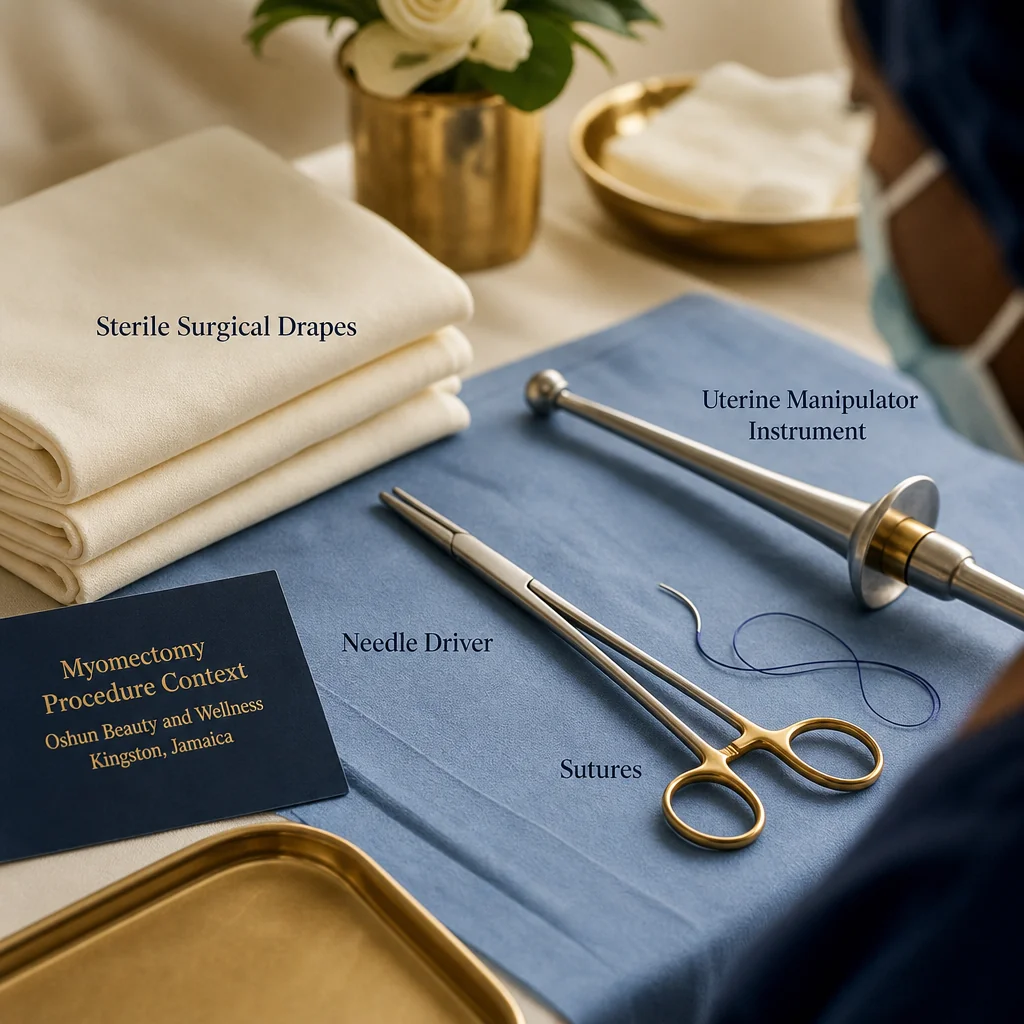 Reference materials and a Myomectomy care plan in a leather portfolio at the Oshun clinic in Kingston, Jamaica