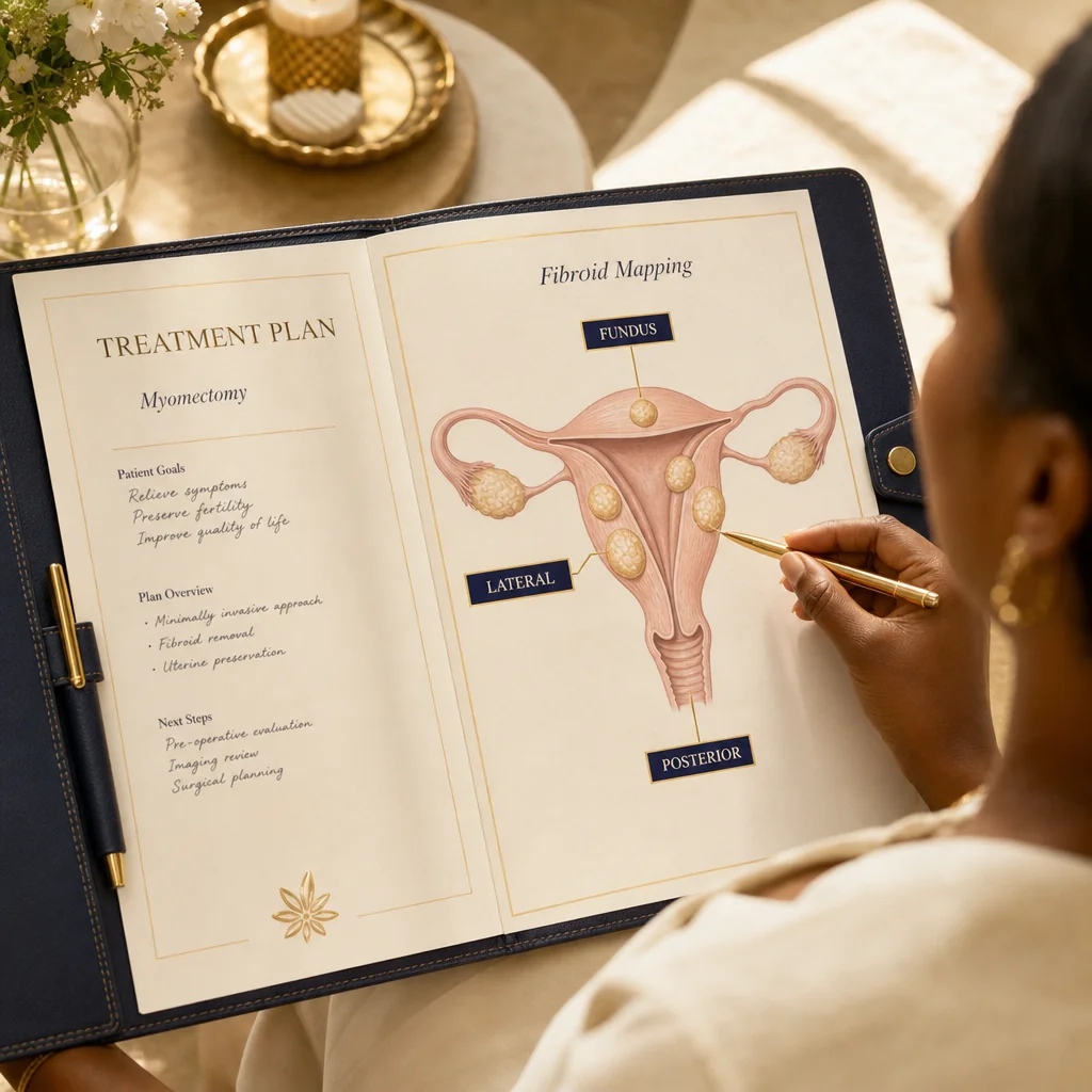 A Myomectomy treatment plan written by hand on a leather portfolio at the Oshun clinic in Kingston, Jamaica