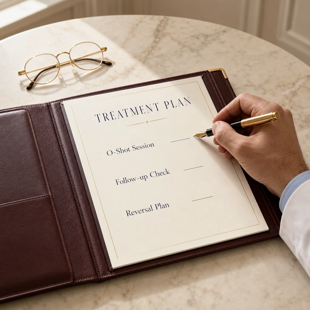 A physician's hand writing an O-Shot treatment plan on a leather portfolio with sections for the session, follow-up check, and reversal plan