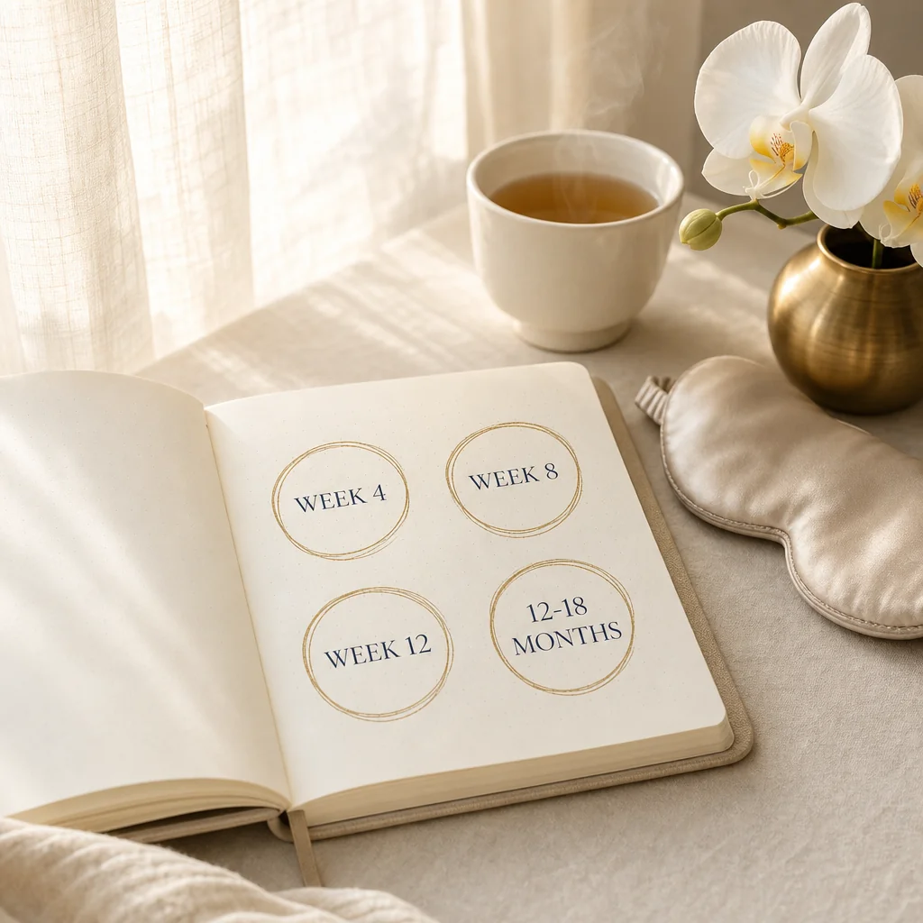 A planner with Week 4, Week 8, Week 12, and 12-18 Months circled in gold ink, beside herbal tea and a white orchid — the O-Shot build-up timeline