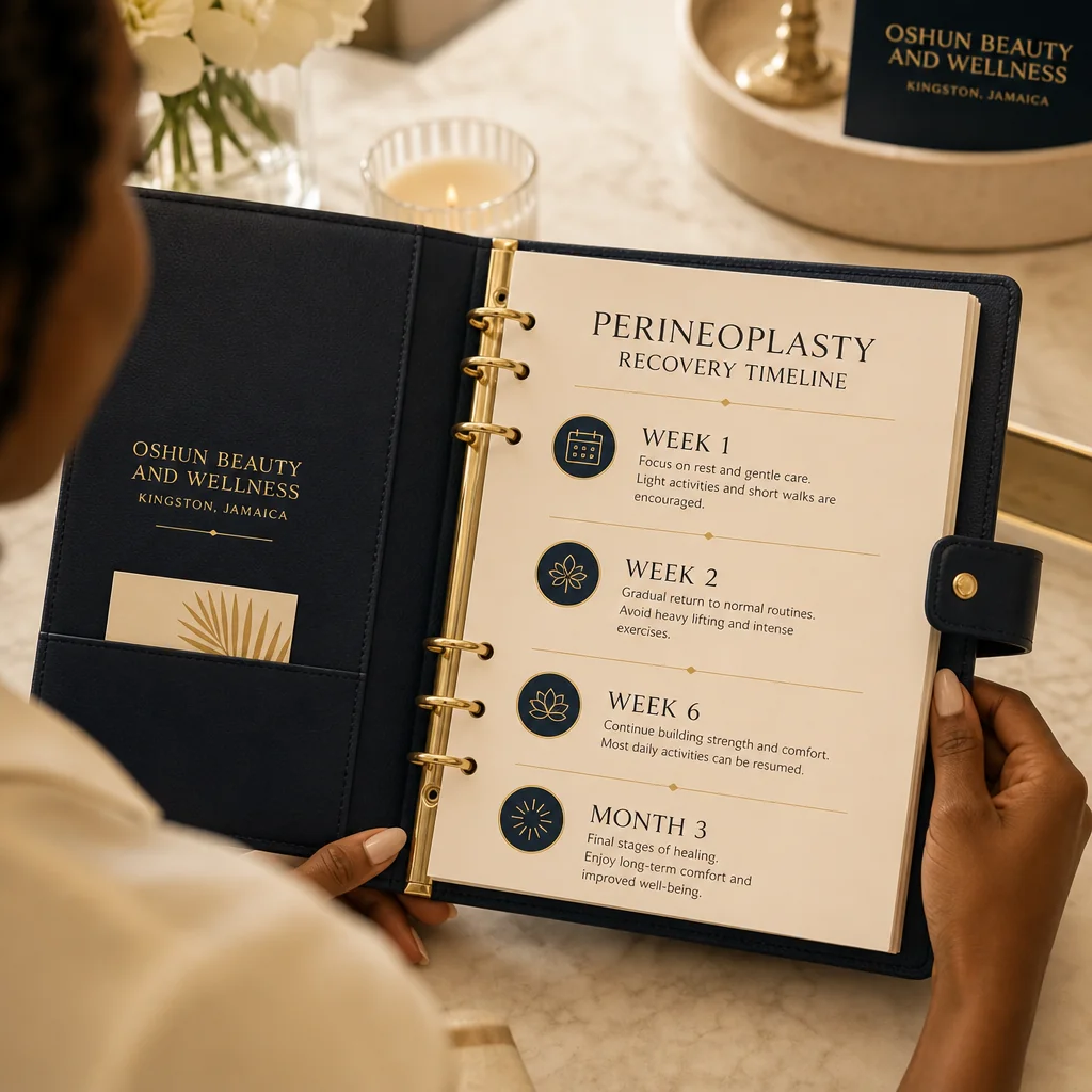 A leather-bound planner tracking the Perineoplasty recovery and follow-up schedule at Oshun in Kingston, Jamaica