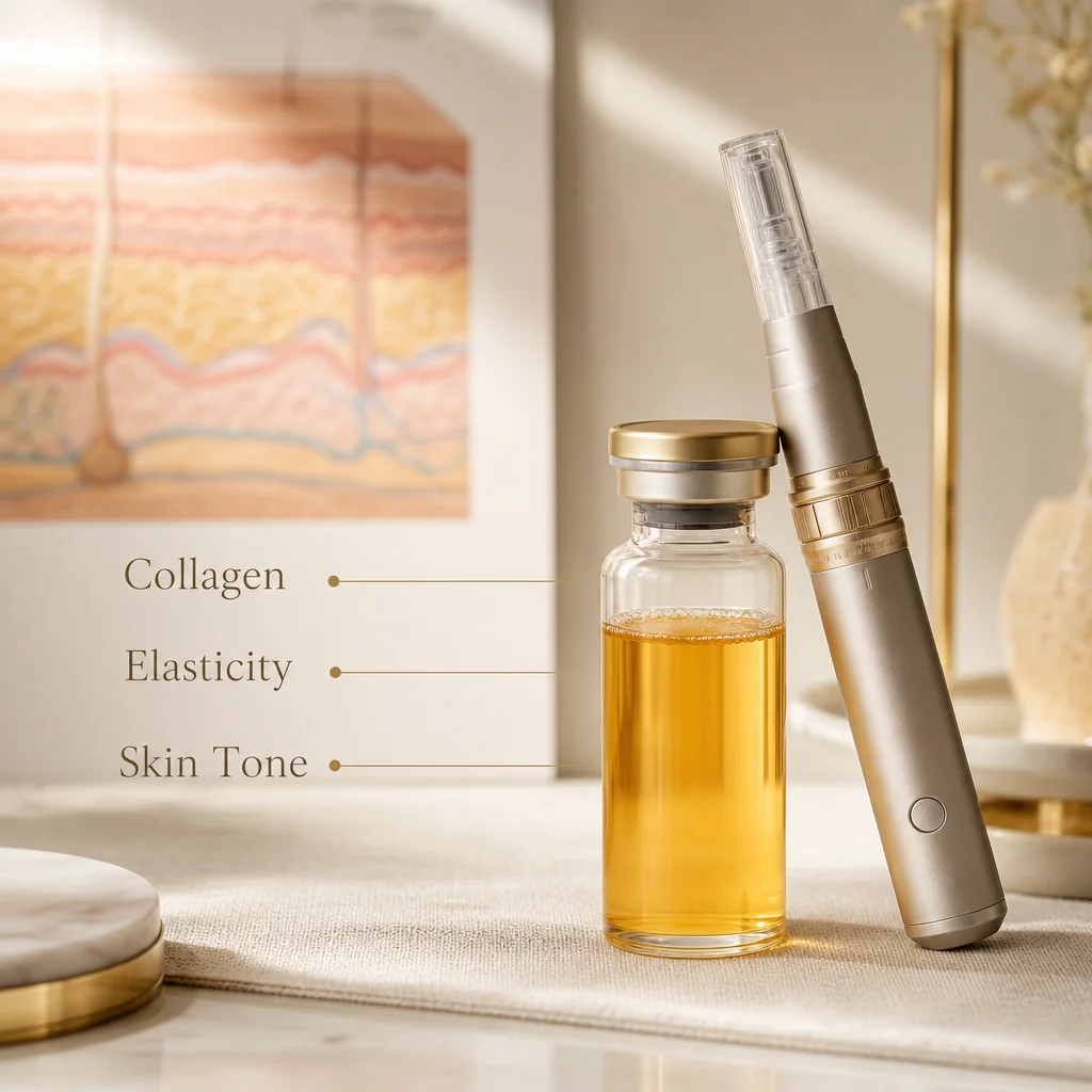 A vial of golden PRP plasma beside a tasteful abstract anatomical reference showing three injection target zones at the Oshun clinic in Kingston, Jamaica
