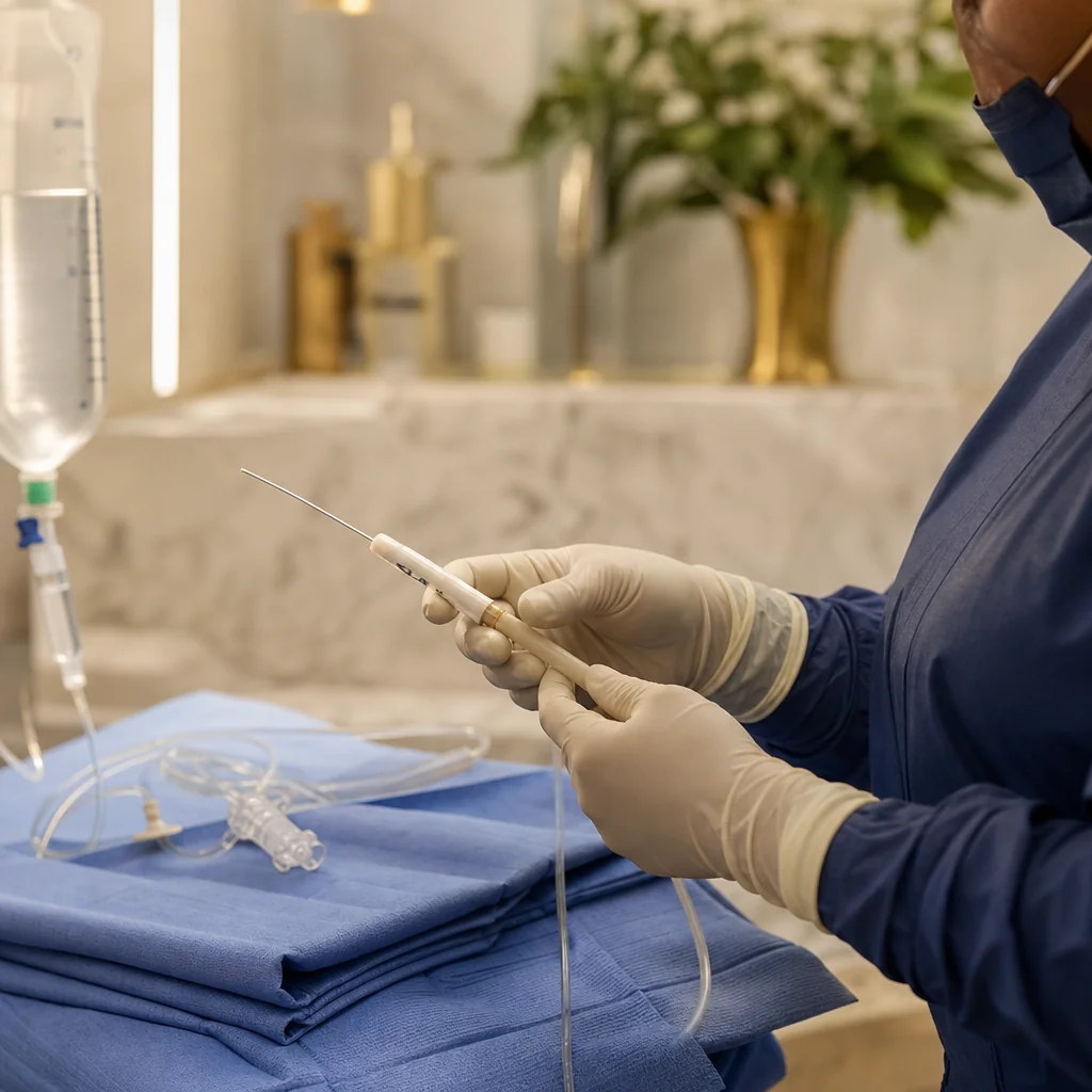 Physician's gloved hands during a Renuvion appointment at the Oshun clinic in Kingston, Jamaica