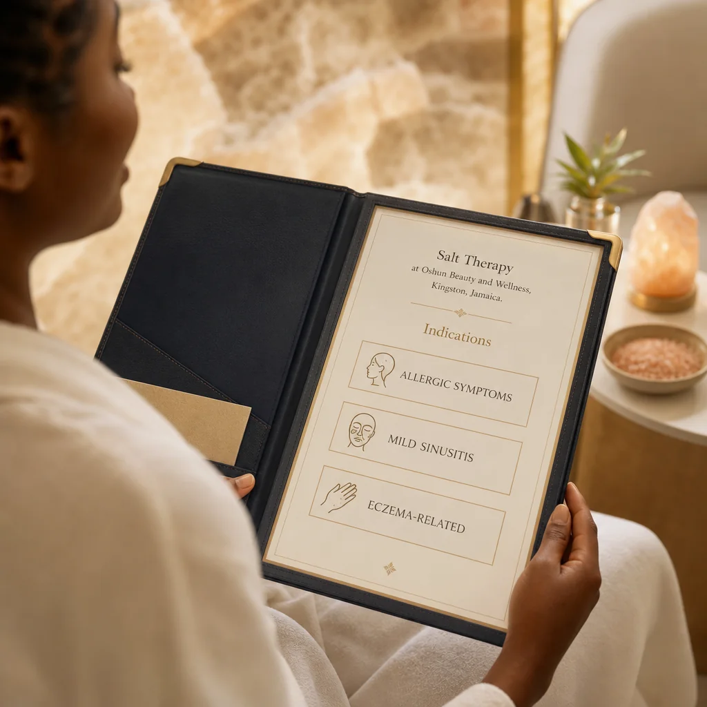 A Salt Therapy treatment plan written by hand on a leather portfolio at the Oshun clinic in Kingston, Jamaica