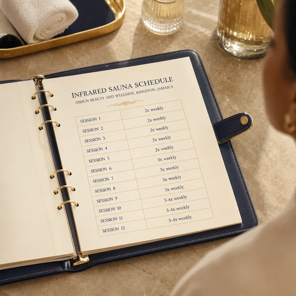 A leather-bound planner tracking the Infrared Sauna recovery and follow-up schedule at Oshun in Kingston, Jamaica