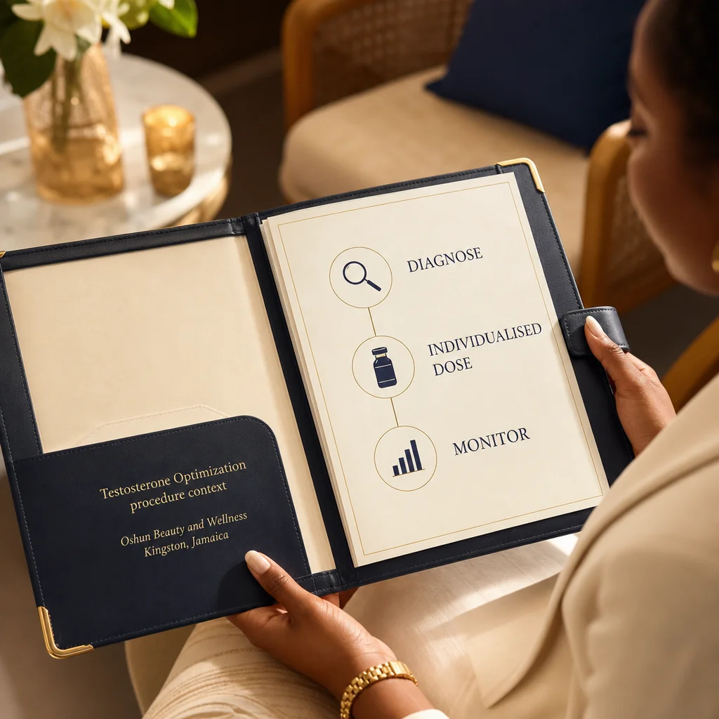A Testosterone Optimization treatment plan written by hand on a leather portfolio at the Oshun clinic in Kingston, Jamaica