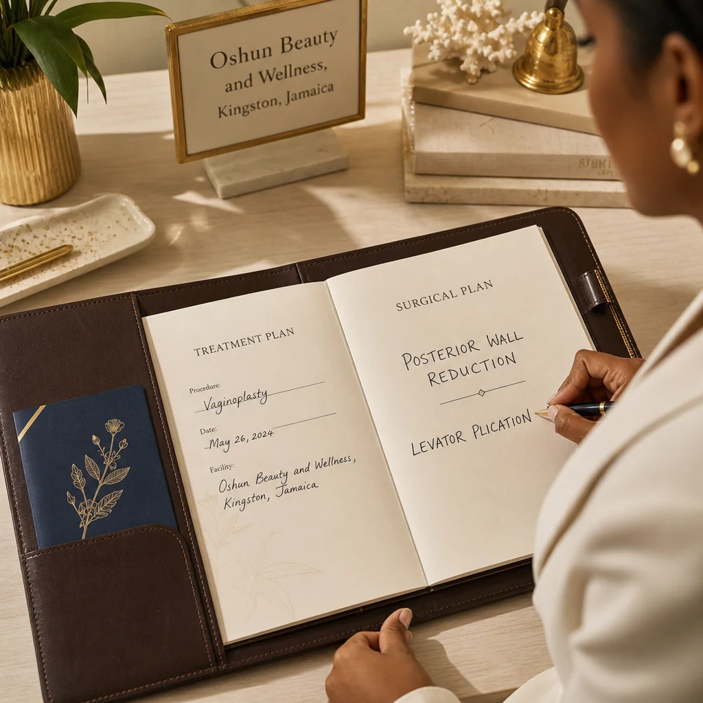 A Vaginoplasty treatment plan written by hand on a leather portfolio at the Oshun clinic in Kingston, Jamaica