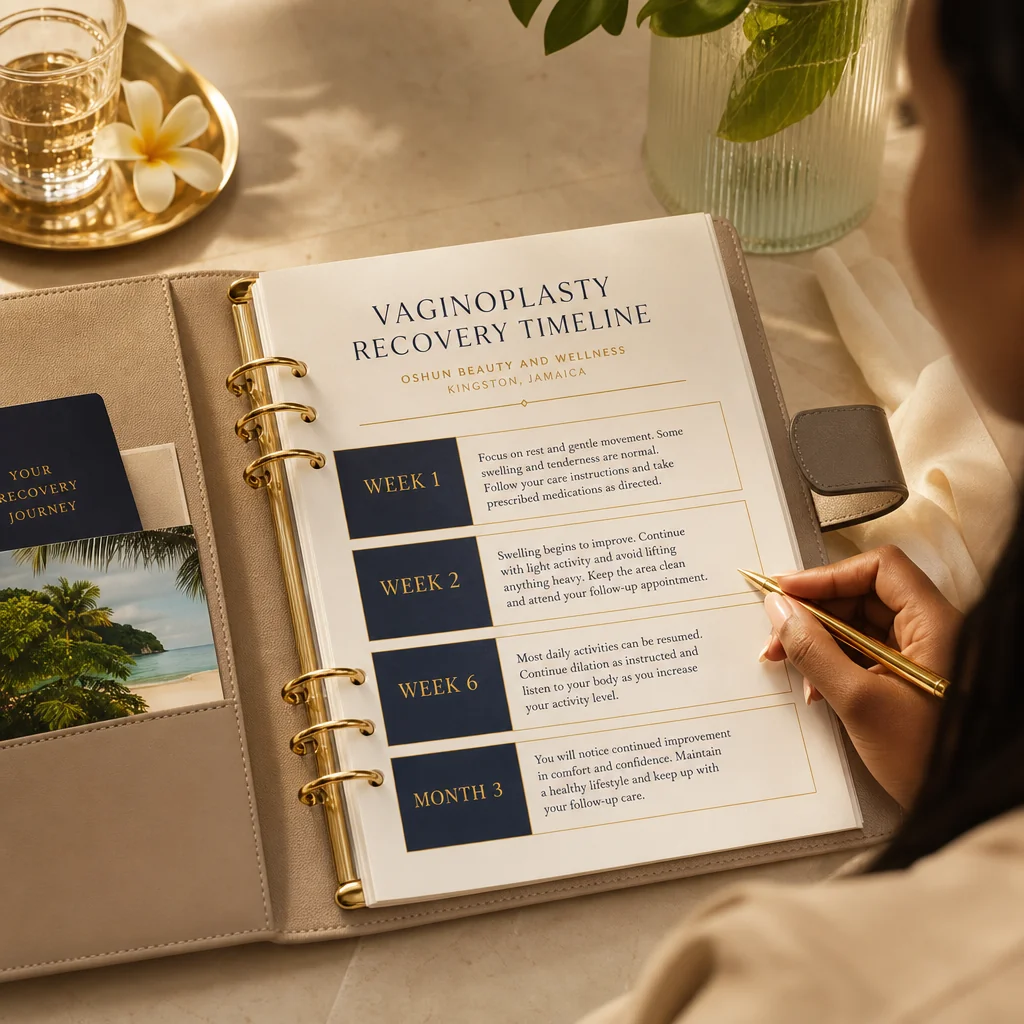 A leather-bound planner tracking the Vaginoplasty recovery and follow-up schedule at Oshun in Kingston, Jamaica