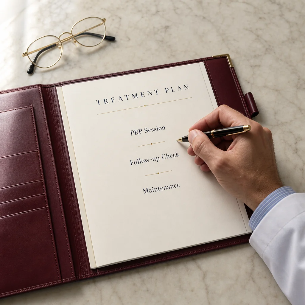 Physician's hand writing a Vampire Breast Lift Treatment Plan with per-area ml fields (Lips, Cheeks, Nasolabial Folds, Jawline, Marionette Lines) on a leather portfolio