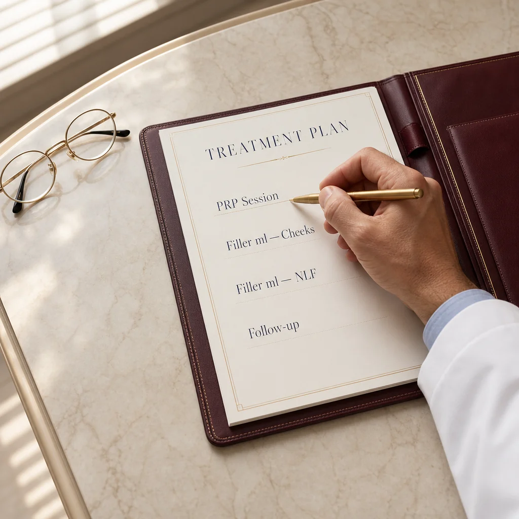 Physician's hand writing a Vampire Facelift Treatment Plan with per-area ml fields (Lips, Cheeks, Nasolabial Folds, Jawline, Marionette Lines) on a leather portfolio