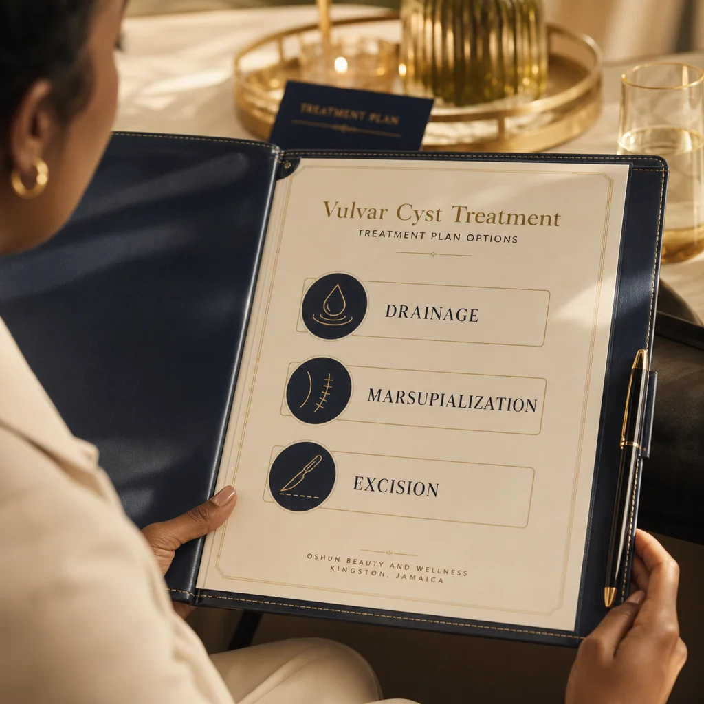 A Vulvar Cyst Treatment treatment plan written by hand on a leather portfolio at the Oshun clinic in Kingston, Jamaica
